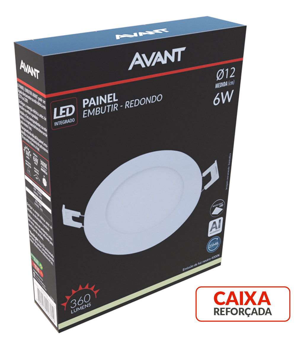 Painel Alumínio Embutir 6W 4000k Branco Neutro Bivolt 12cm Redondo Branco Avant