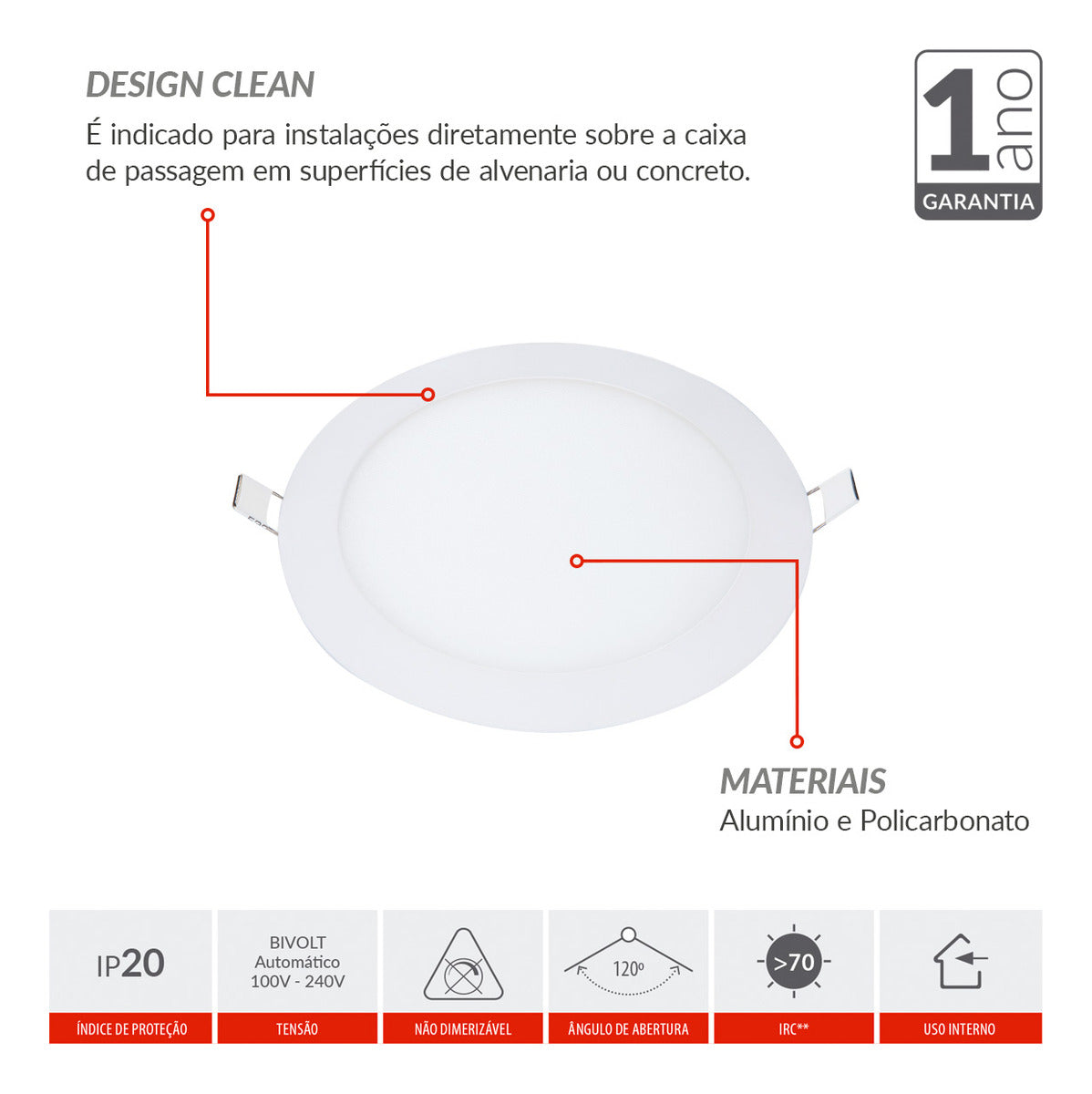Painel Alumínio Embutir 6W 4000k Branco Neutro Bivolt 12cm Redondo Branco Avant