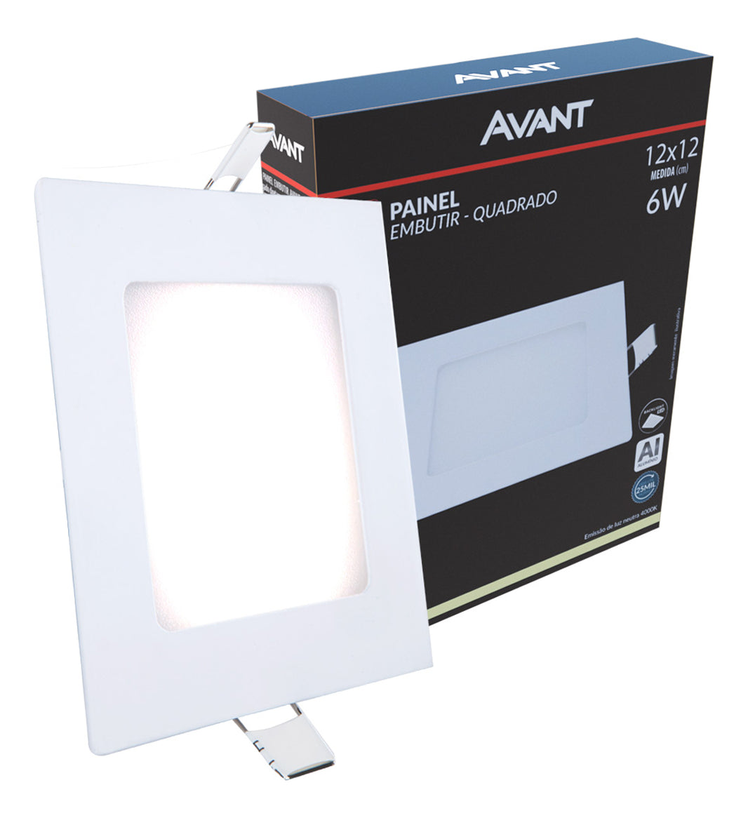 Painel Plafon Alumínio Embutir 6W 4000k Branco Neutro 12cm Bivolt Quadrado Avant