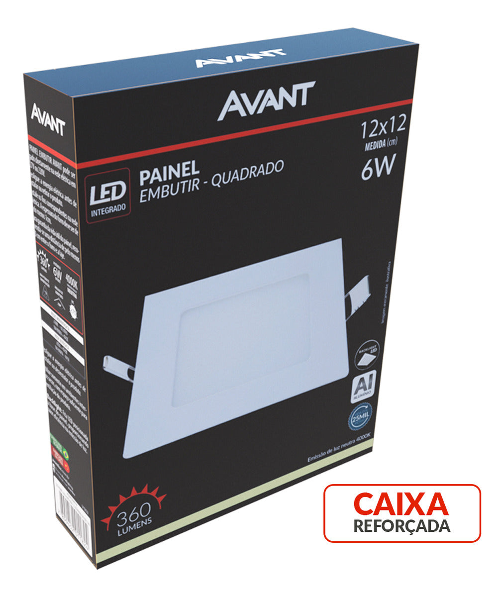 Painel Plafon Alumínio Embutir 6W 4000k Branco Neutro 12cm Bivolt Quadrado Avant