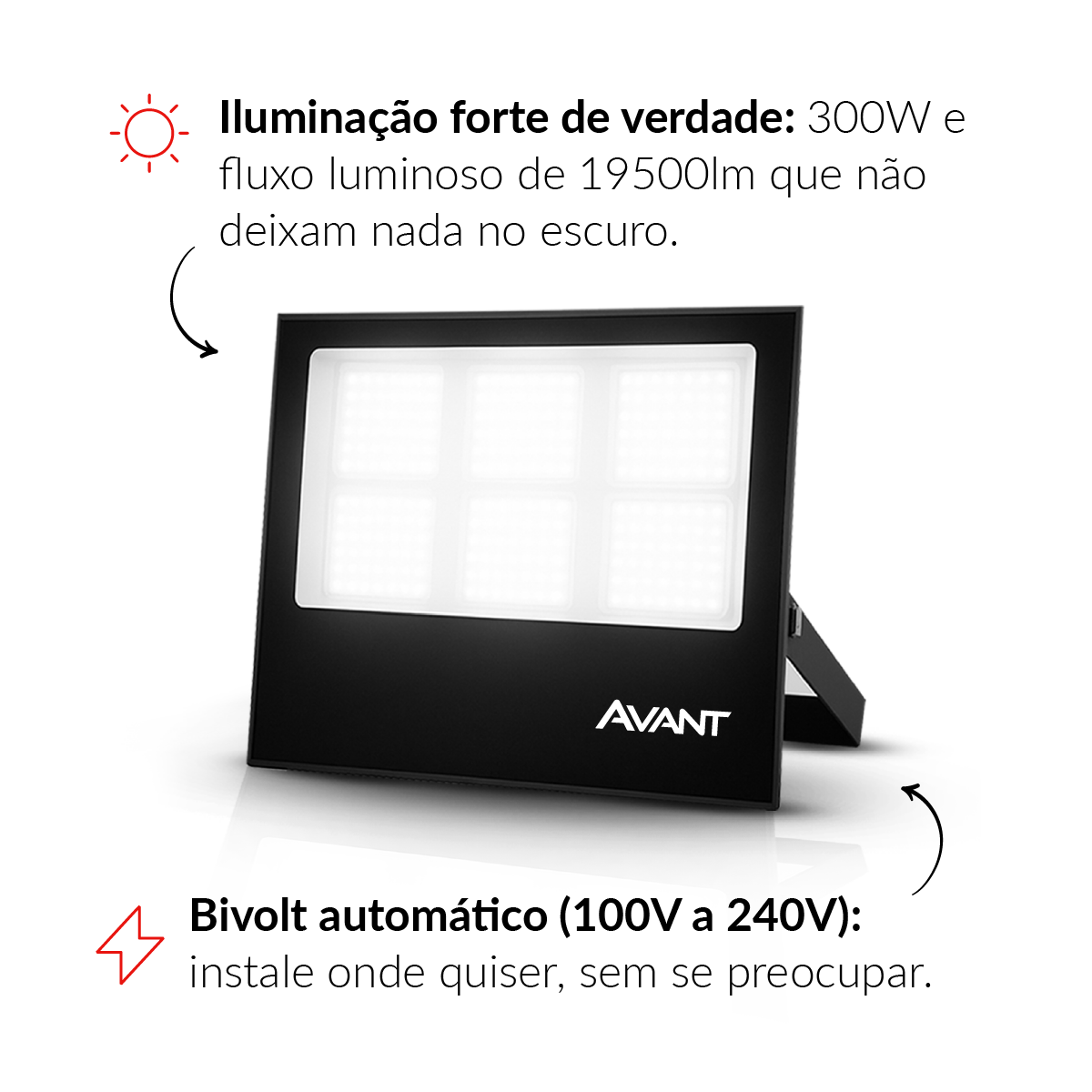 Refletor Slim 300w 6500k Branco Frio Bivolt IP66 Preto Avant