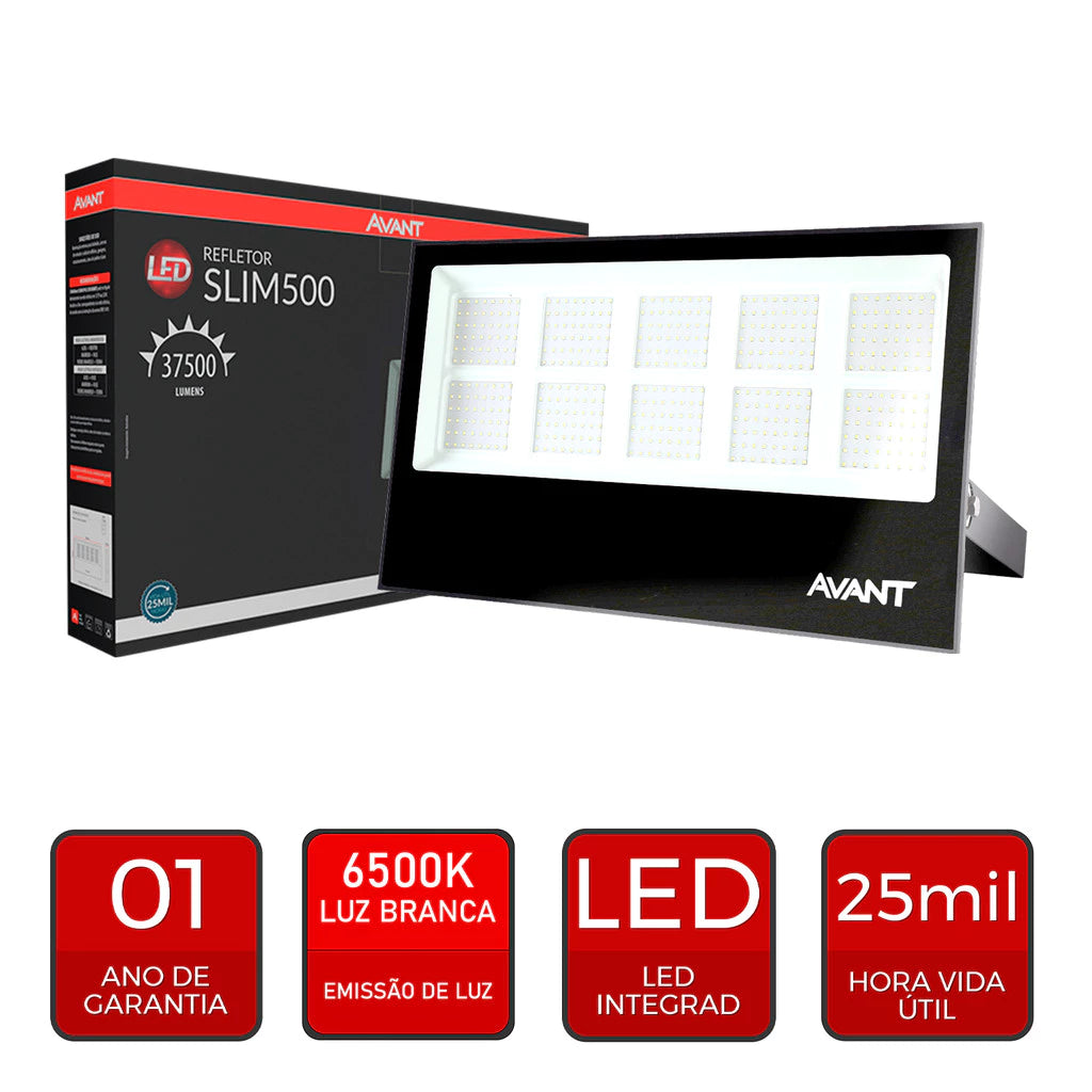 Refletor Slim 500w 6500k Branco Frio Bivolt IP66 Preto Avant