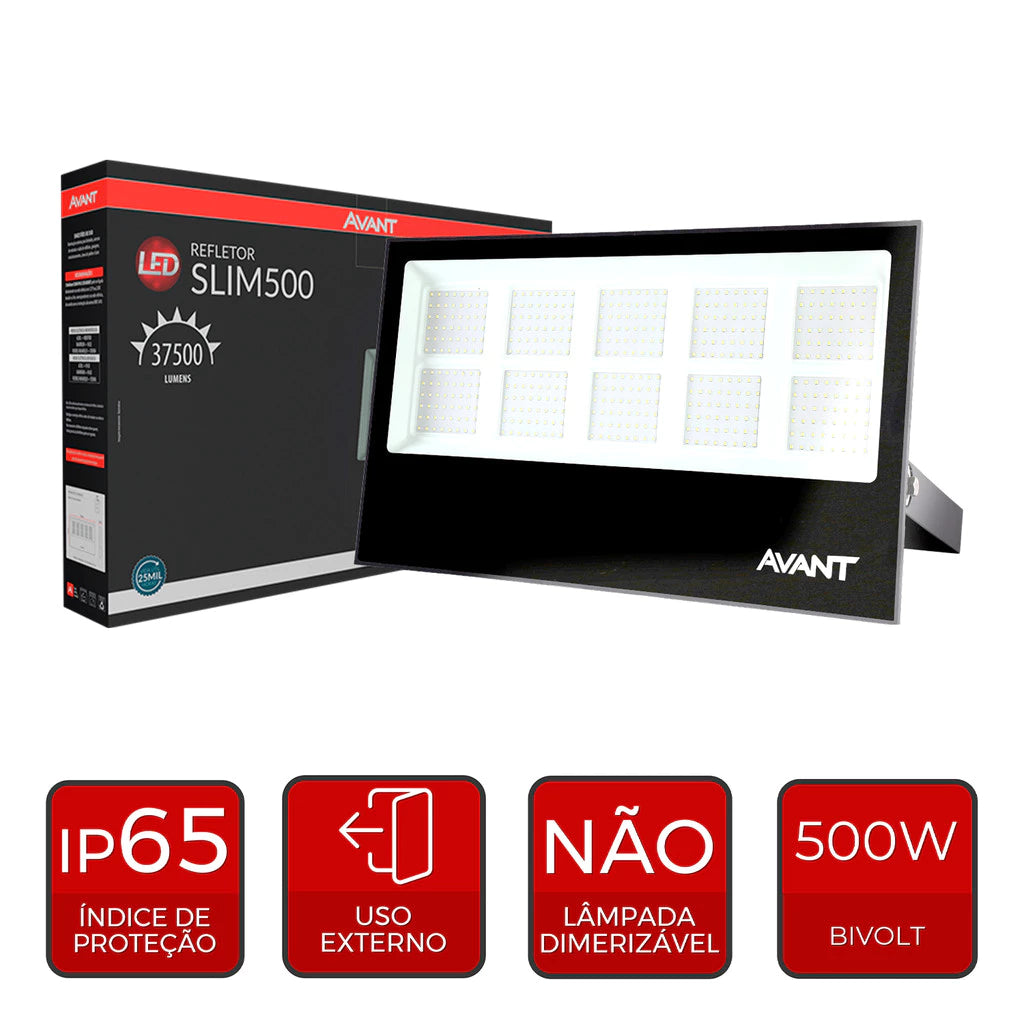 Refletor Slim 500w 6500k Branco Frio Bivolt IP66 Preto Avant