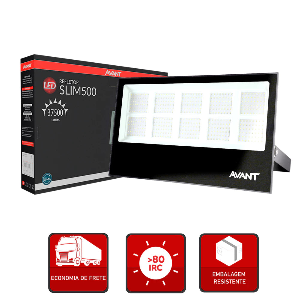 Refletor Slim 500w 6500k Branco Frio Bivolt IP66 Preto Avant