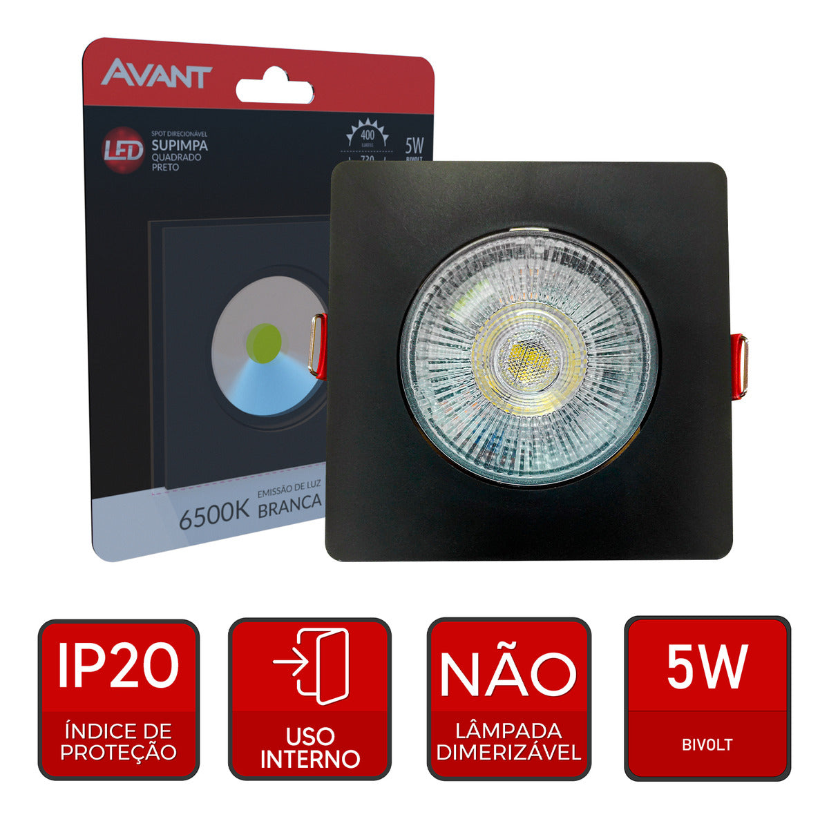 Spot Led Authentic Emb. Quadrado 5w 6500k 9cm PF Avant