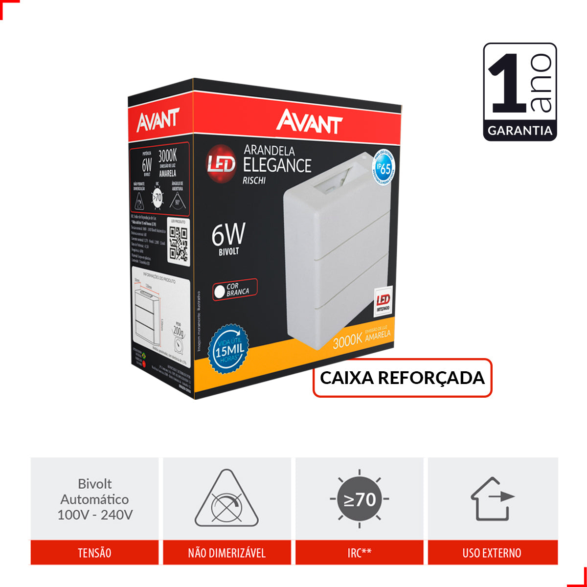 Arandela Rischi 6W 3000k Branco Quente Bivolt IP65 Branco Avant