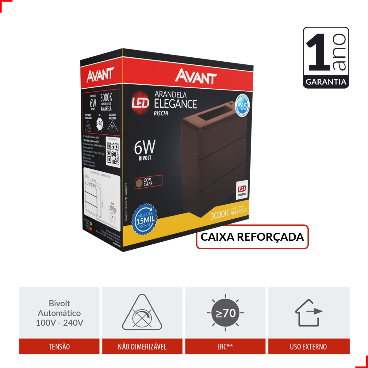 Arandela Led Elegance Rischi 6w 3000k Branco Quente Bivolt Ip65 a prova d'água Café Avant