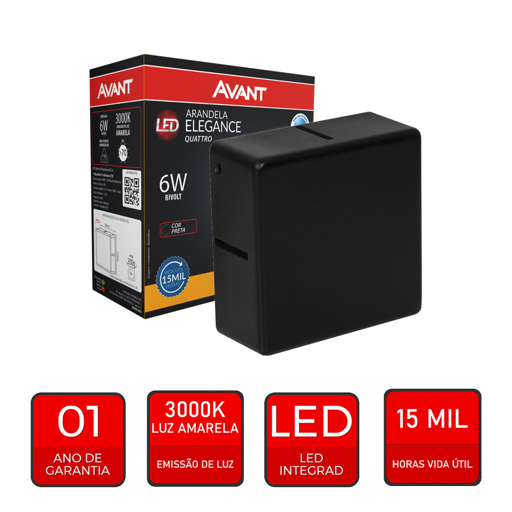 Arandela Quattro 6W 3000K Branco Quente Bivolt IP65 Preto Avant