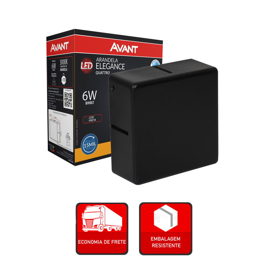 Arandela Quattro 6W 3000K Branco Quente Bivolt IP65 Preto Avant