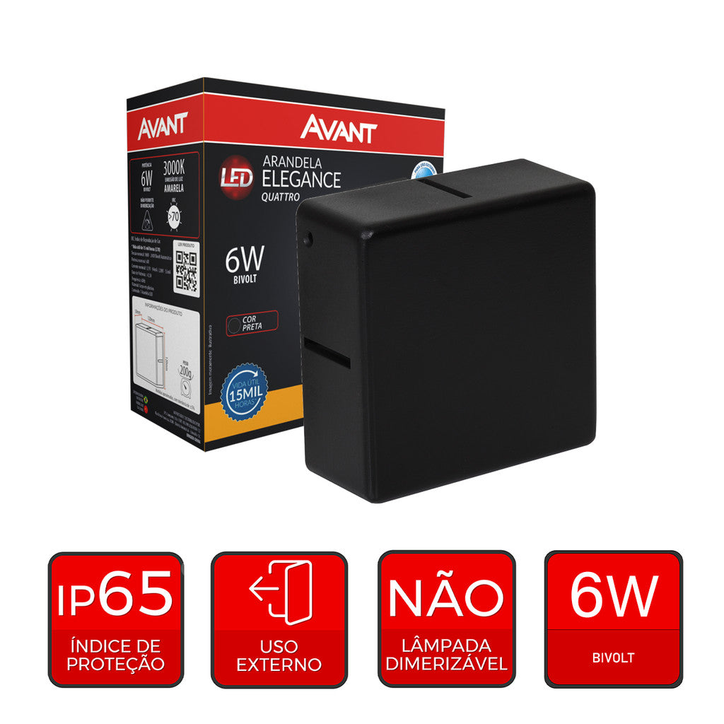 Arandela Quattro 6W 3000K Branco Quente Bivolt IP65 Preto Avant