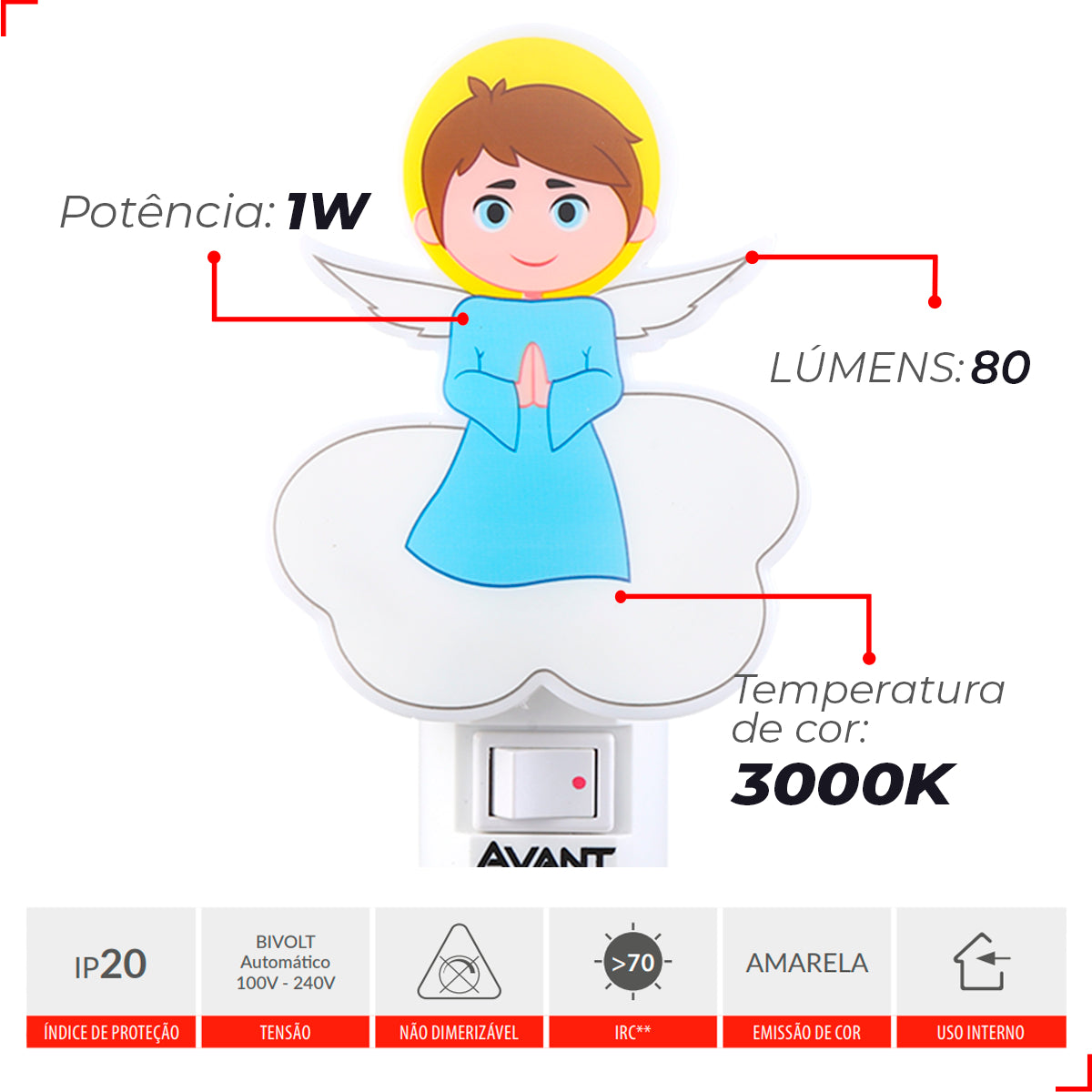 Mini Abajur Angelo Luz Noturna 1W 3000K Branco Quente Bivolt Avant