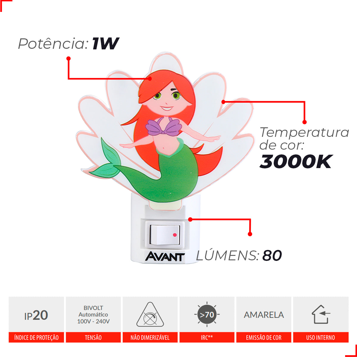 Mini Abajur Serena Luz Noturna 1w 3000k Branco Quente Bivolt Avant