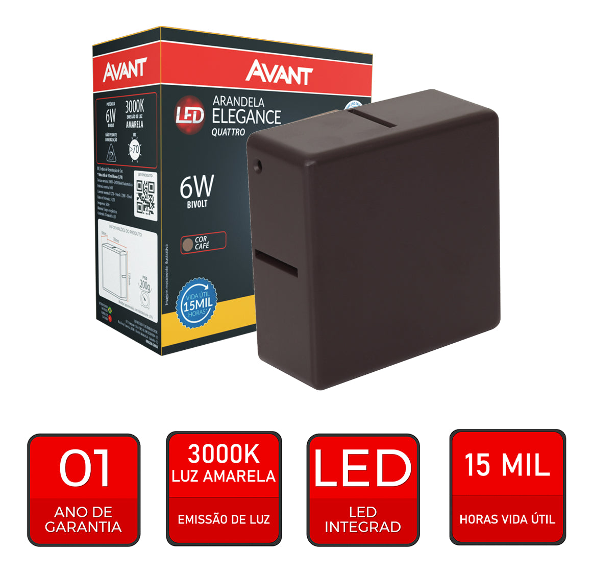 Arandela Quattro 6W 3000K Branco Quente Bivolt IP65 Café Avant
