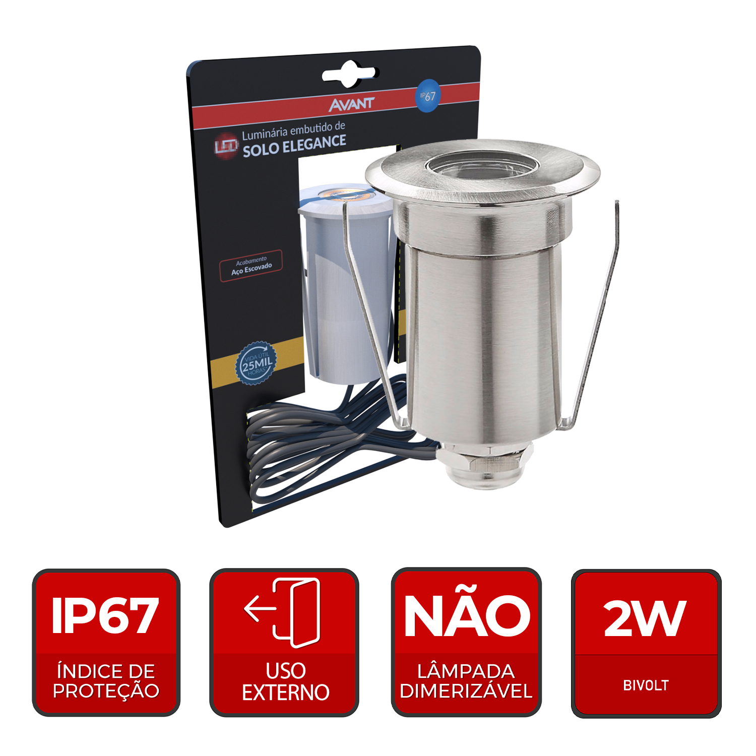 Luminaria de Chão Led Solo Elegance 2w 3000k Branco Quente 110v/220v Bivolt IP67 Aço Escovado Cod: 337030576 Avant