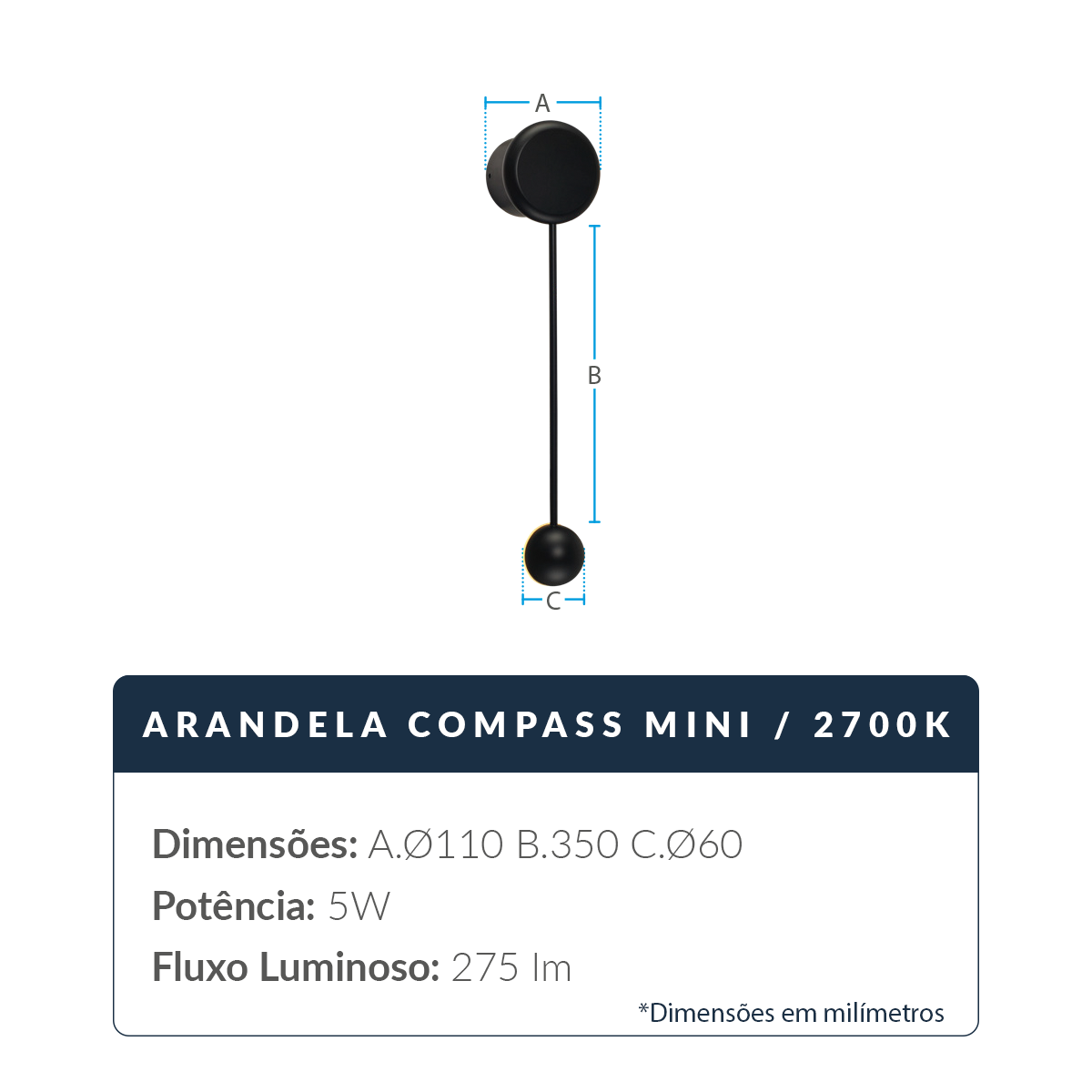 Arandela Led Compass 5w 2700k Branco Quente Bivolt Preto Deluxe