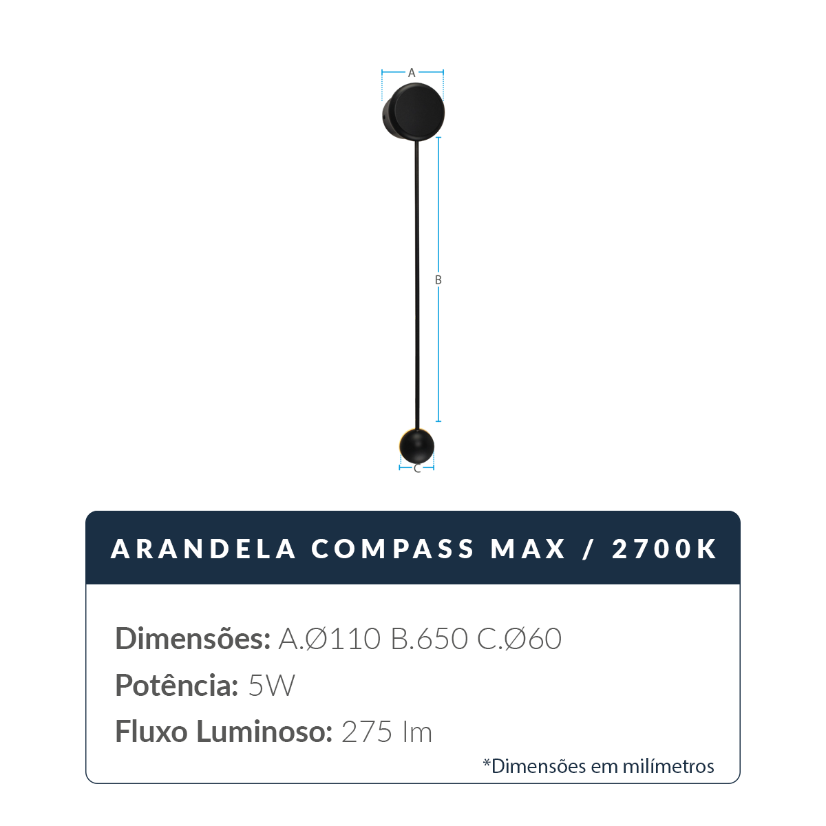 Arandela Led Compass 5w 2700k Branco Quente Bivolt Preto Deluxe