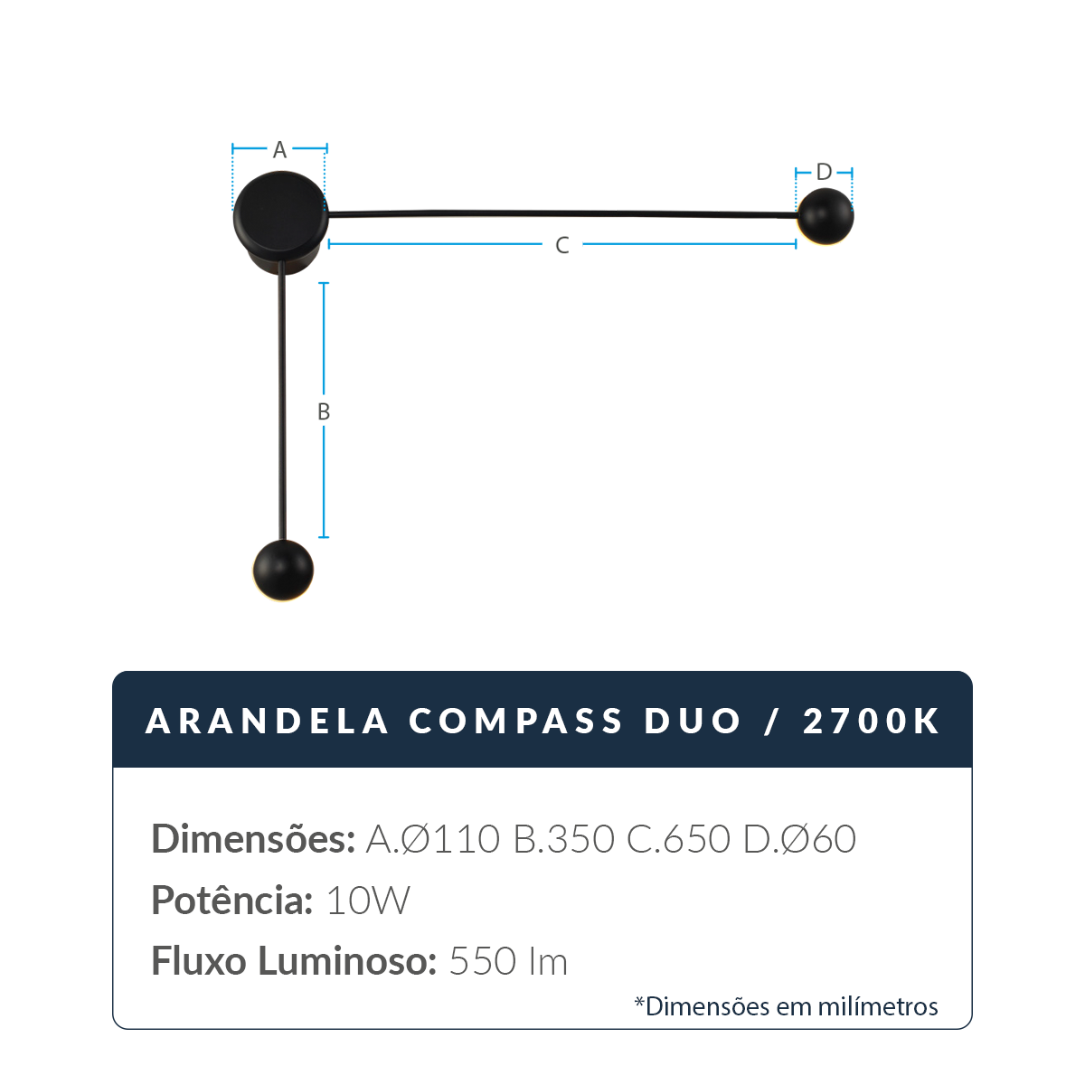 Arandela Led Compass 10w 2700k Branco Quente Bivolt Preto Deluxe