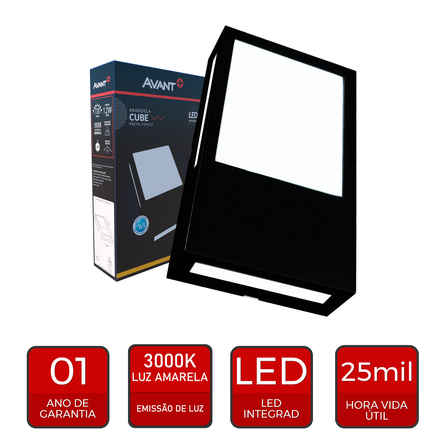 Arandela Led Cube 12w 3000k Branco Quente Bivolt Ip65 a prova d'água Preto Avant