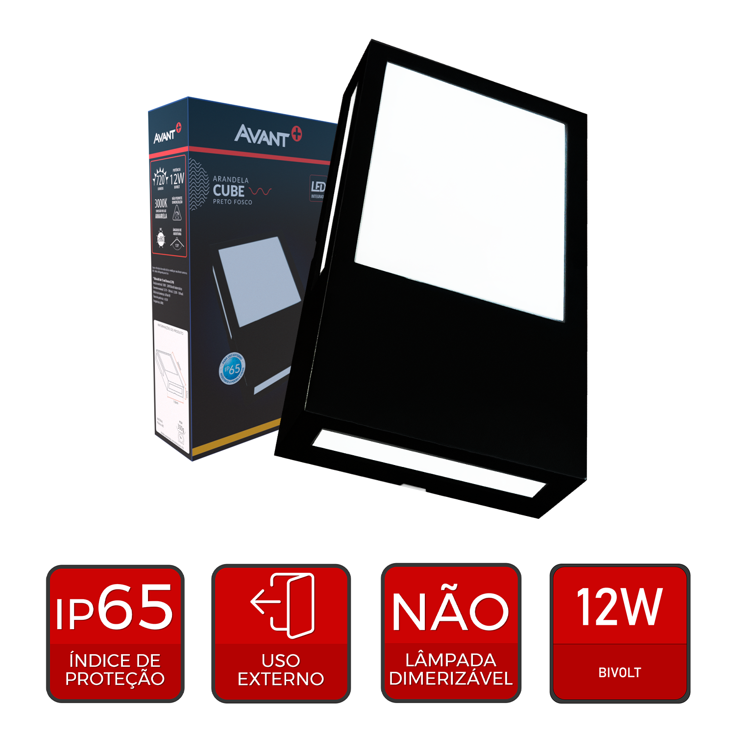Arandela Led Cube 12w 3000k Branco Quente Bivolt Ip65 a prova d'água Preto Avant