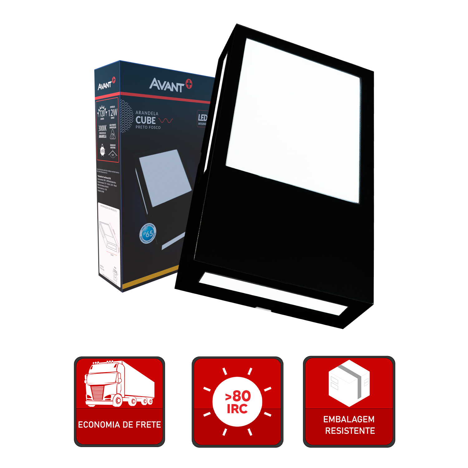 Arandela Led Cube 12w 3000k Branco Quente Bivolt Ip65 a prova d'água Preto Avant