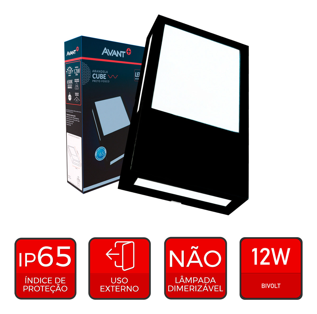 Arandela Led Cube 12W 6500k Branco Frio Bivolt IP65 Preto Avant