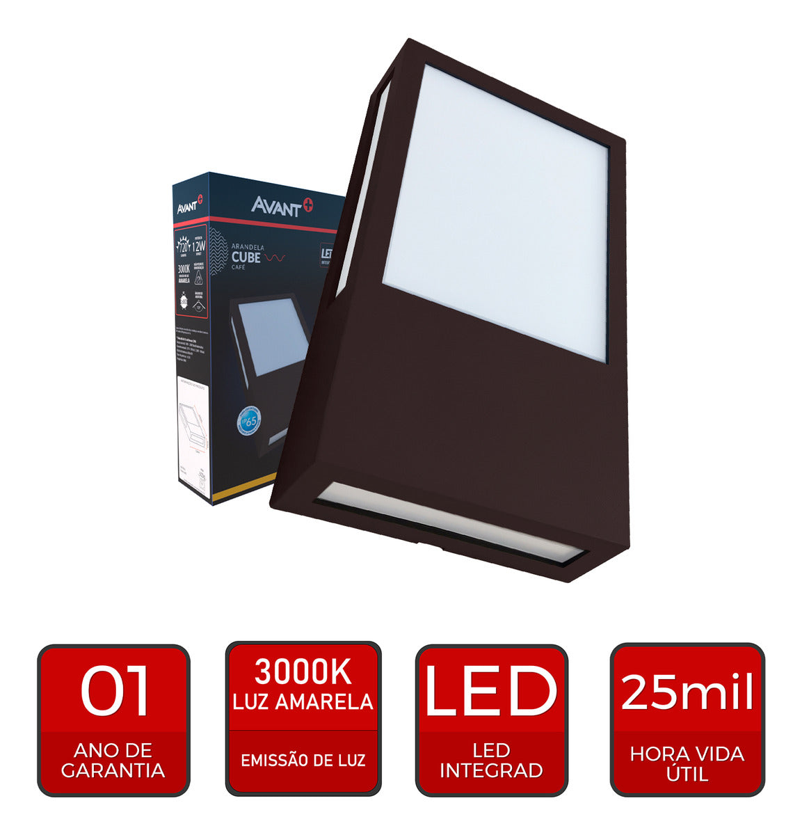 Arandela Led Cube 12W 3000K Branco Quente Bivolt IP65 Café Avant