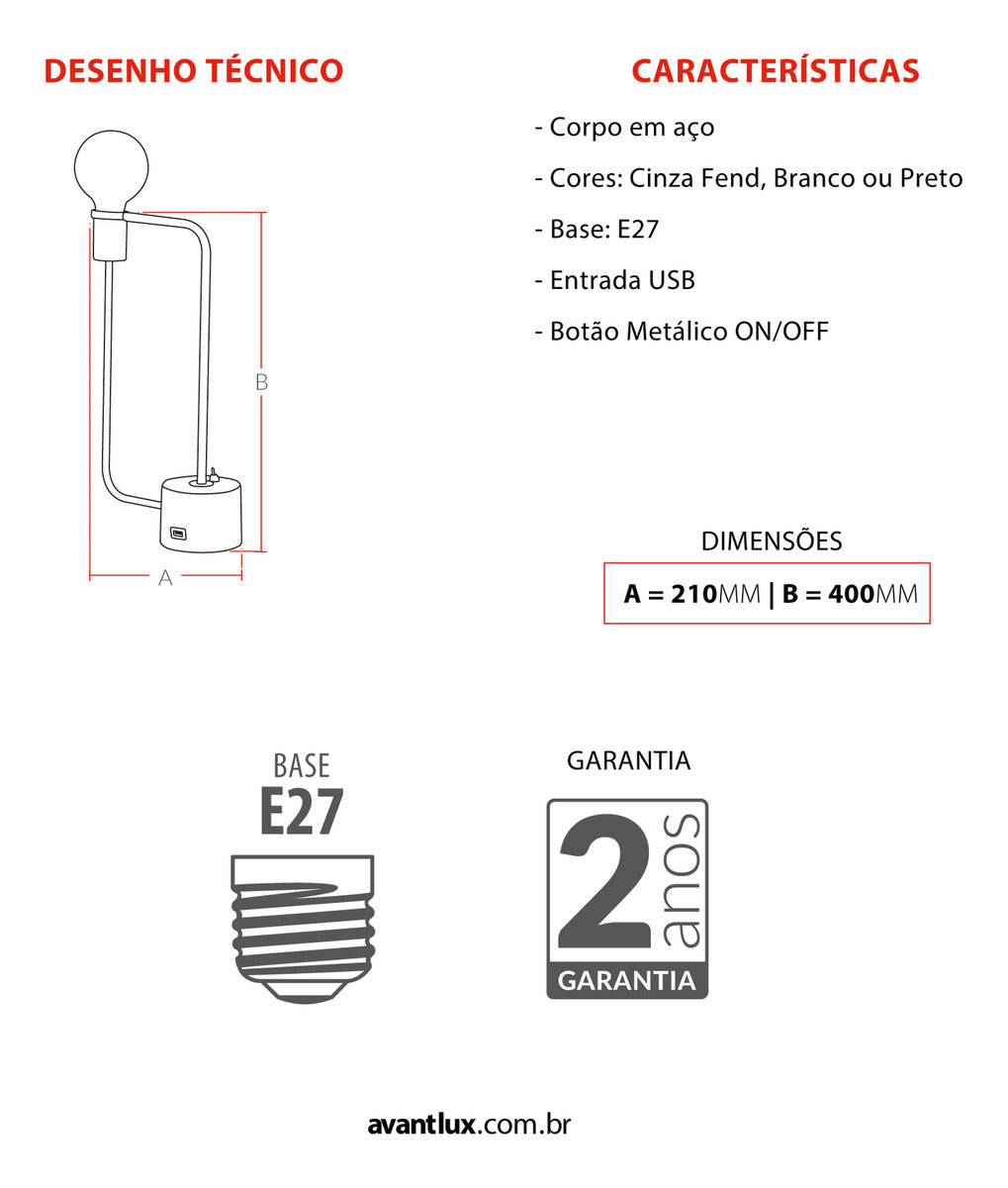 Luminária Coluna Aramis E27 Com Usb Bivolt Cinza Deluxe