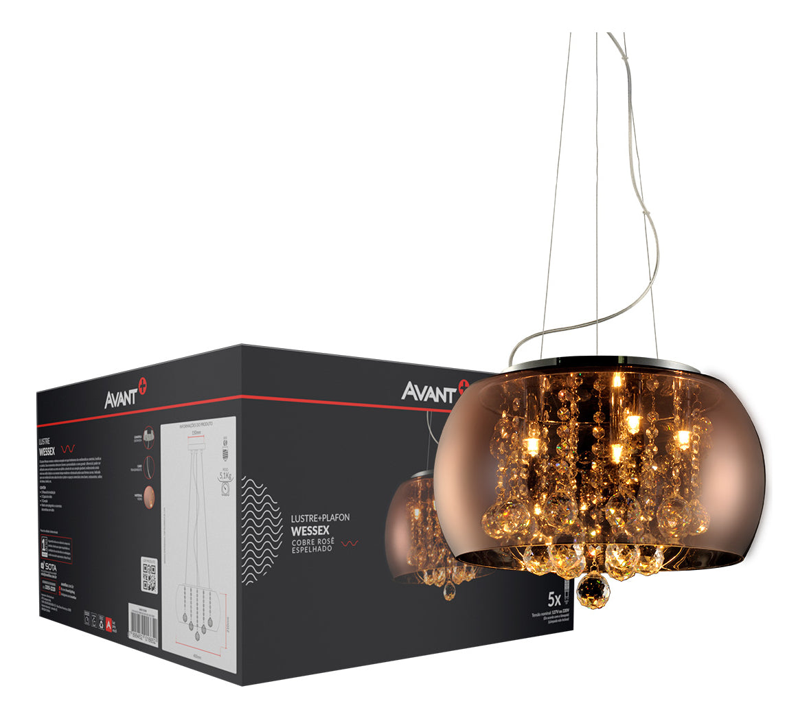 Pendente Led Wessex 5xG9 Vidro Cobre Rosê Espelhado Avant