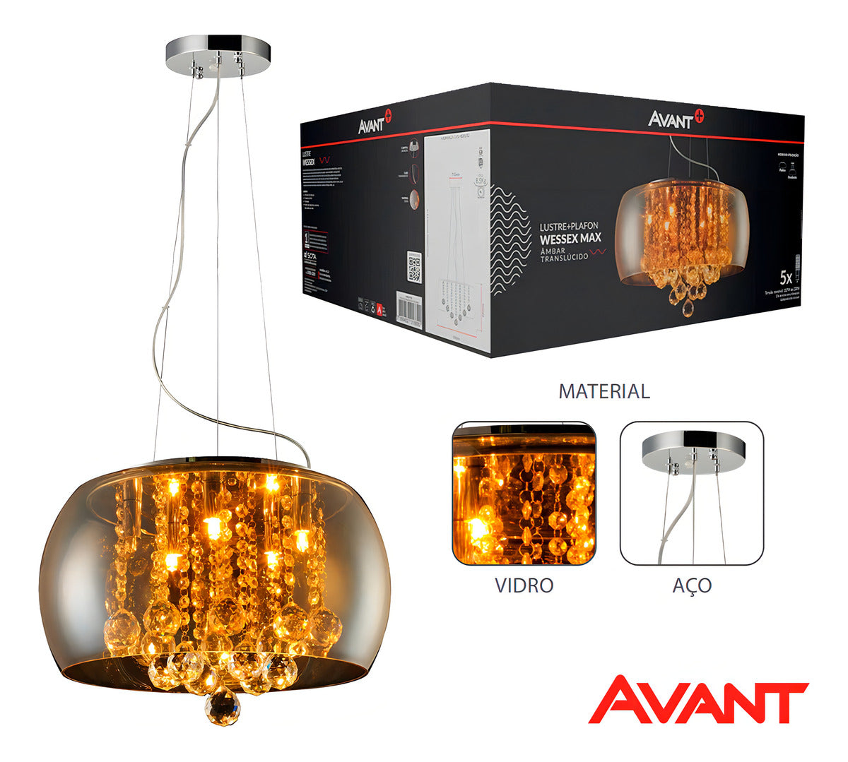Pendente Led Wessex 5xg9 Vidro Âmbar Translúcido Avant