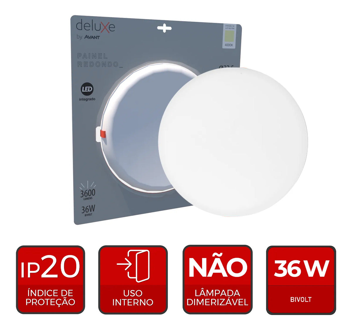Painel Led Flat 36w 4000k Emb Redondo Bivolt Ip20 Br Deluxe