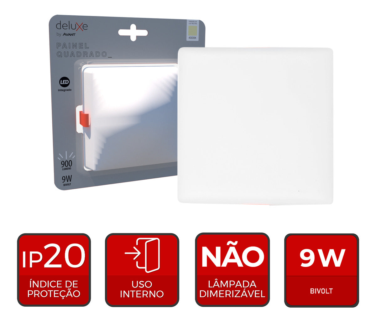 Painel Led Flat 9w 4000k Emb Quadrado Bivolt Ip20 Br Deluxe
