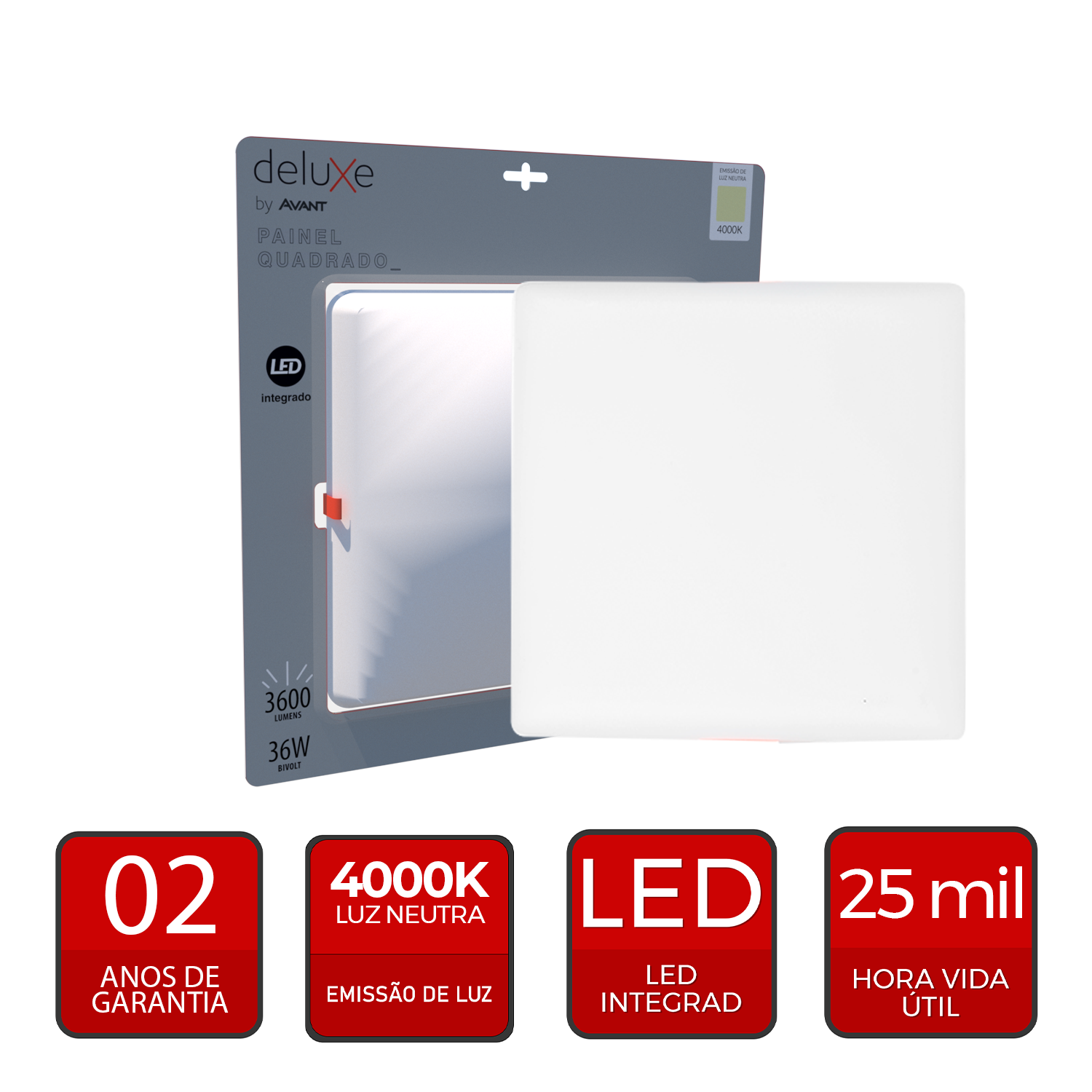 Painel led Plafon Flat Embutir 36w 4000k Branco Neutro 110v/220v Bivolt Quadrado Branco Cod:344240876 Deluxe By Avant