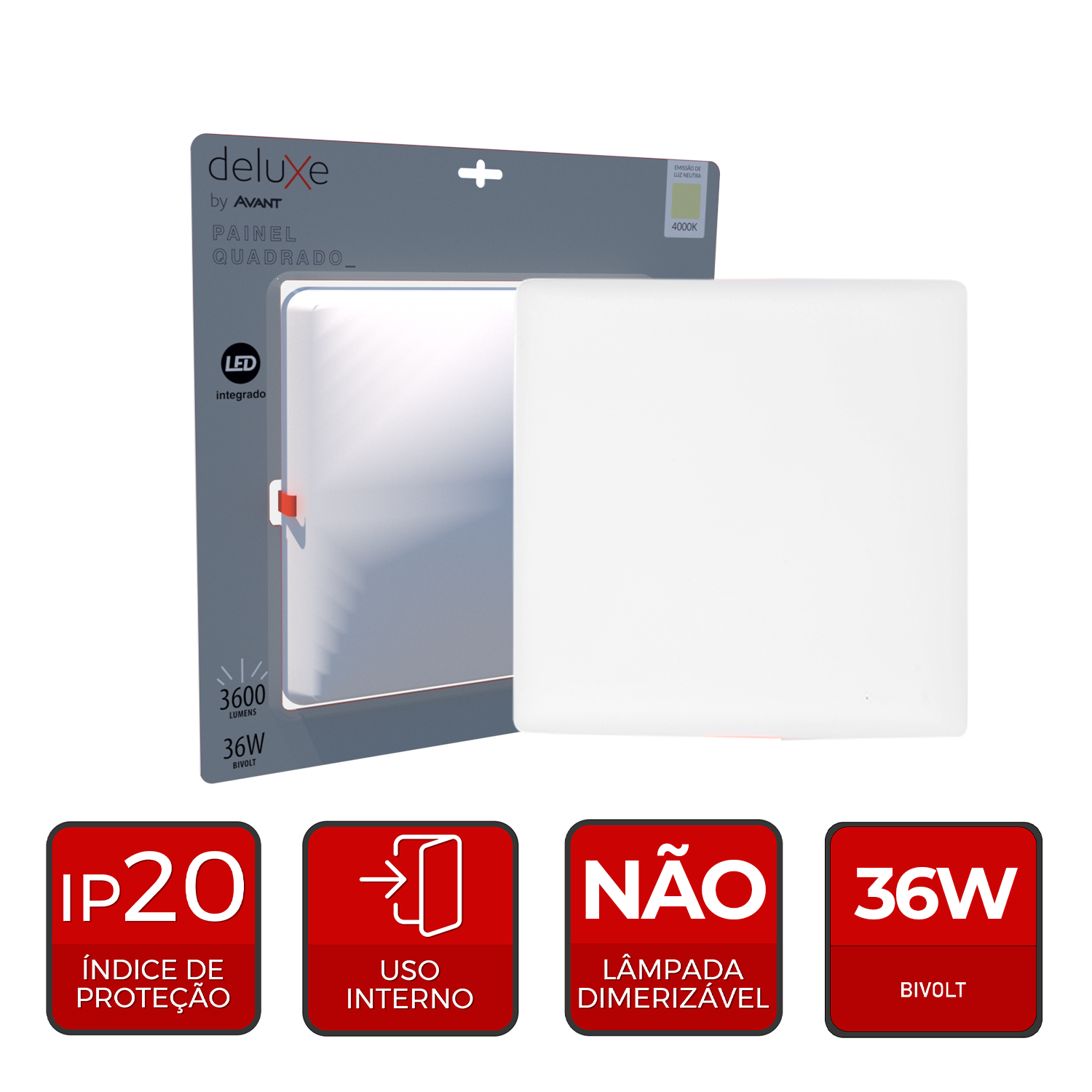 Painel led Plafon Flat Embutir 36w 4000k Branco Neutro 110v/220v Bivolt Quadrado Branco Cod:344240876 Deluxe By Avant
