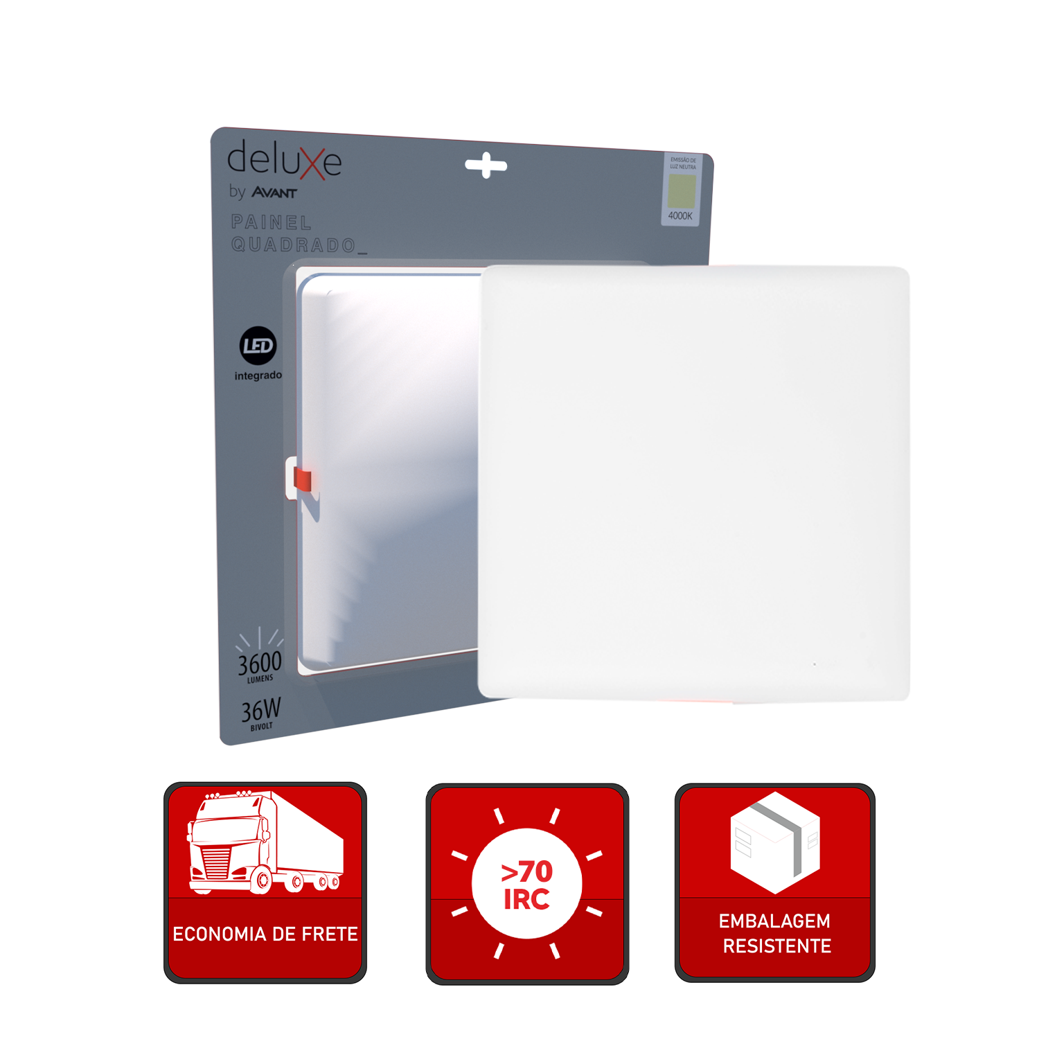 Painel led Plafon Flat Embutir 36w 4000k Branco Neutro 110v/220v Bivolt Quadrado Branco Cod:344240876 Deluxe By Avant