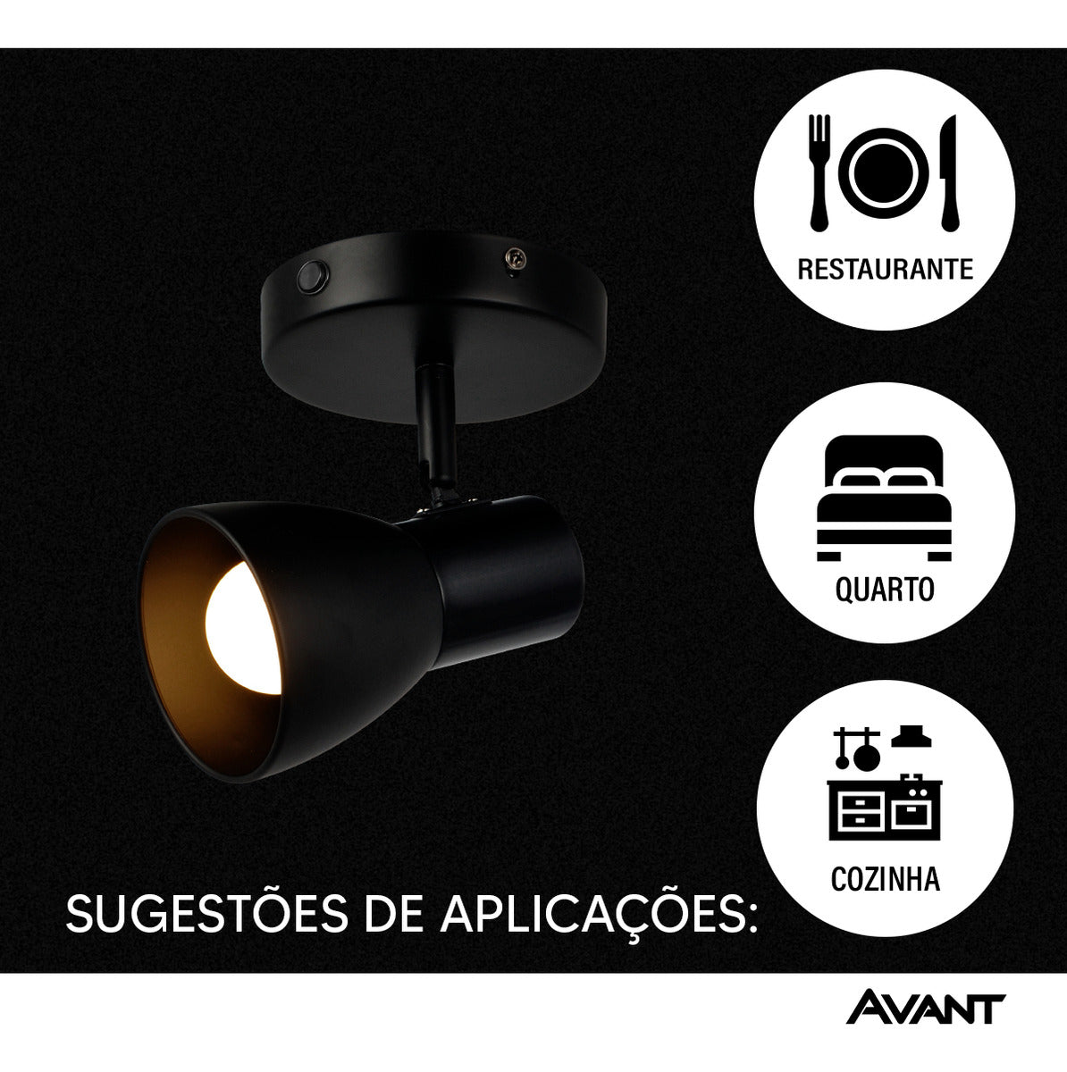 Spot Led Noir E27 110v/220v Bivolt Preto Brilho Avant