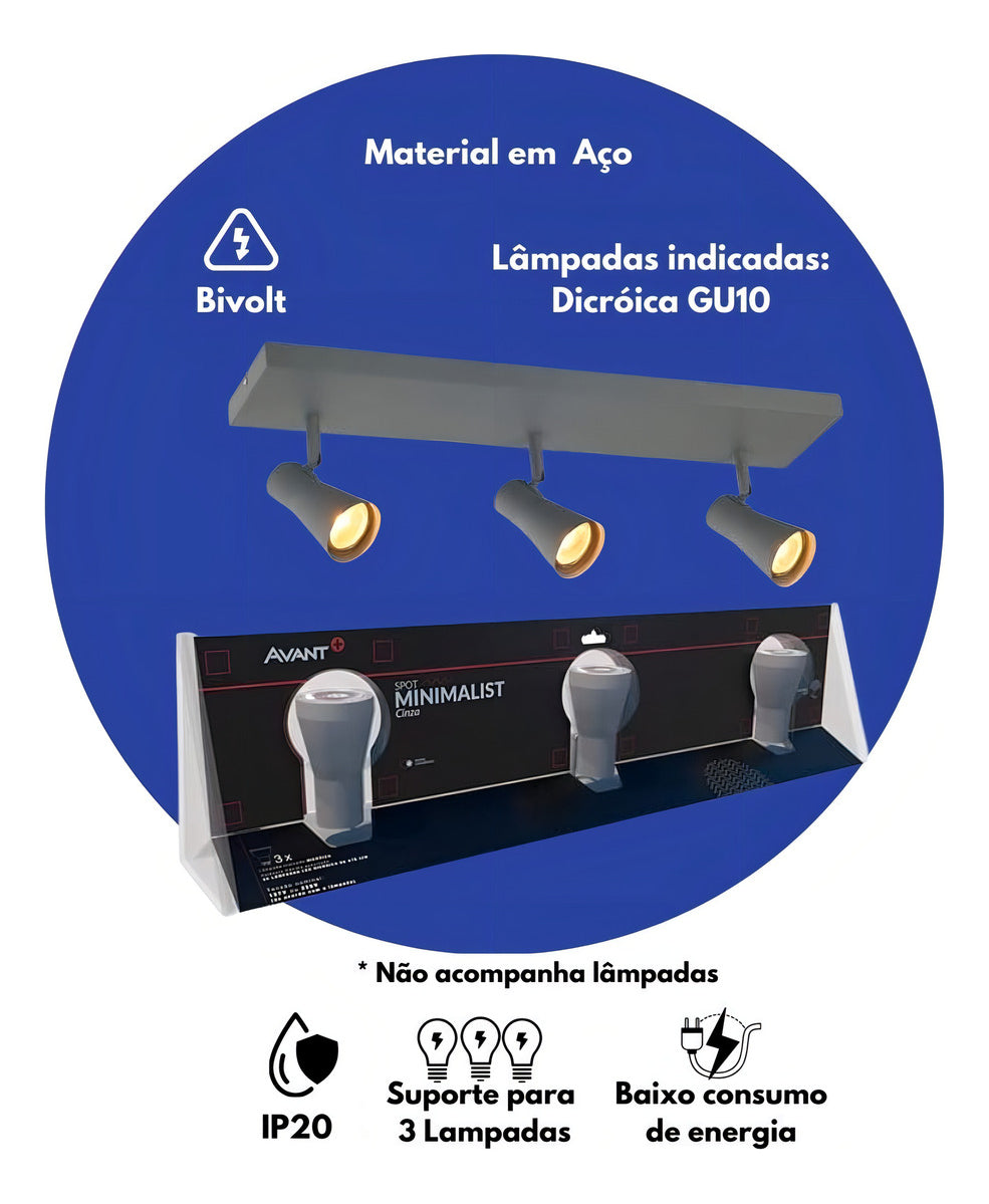 Spot Led Minimalist Luminaria Luminaria Sobrepor 3xgu10 110v/220v Bivolt Ip20 Cinza Fend Cod: 345216500 Avant