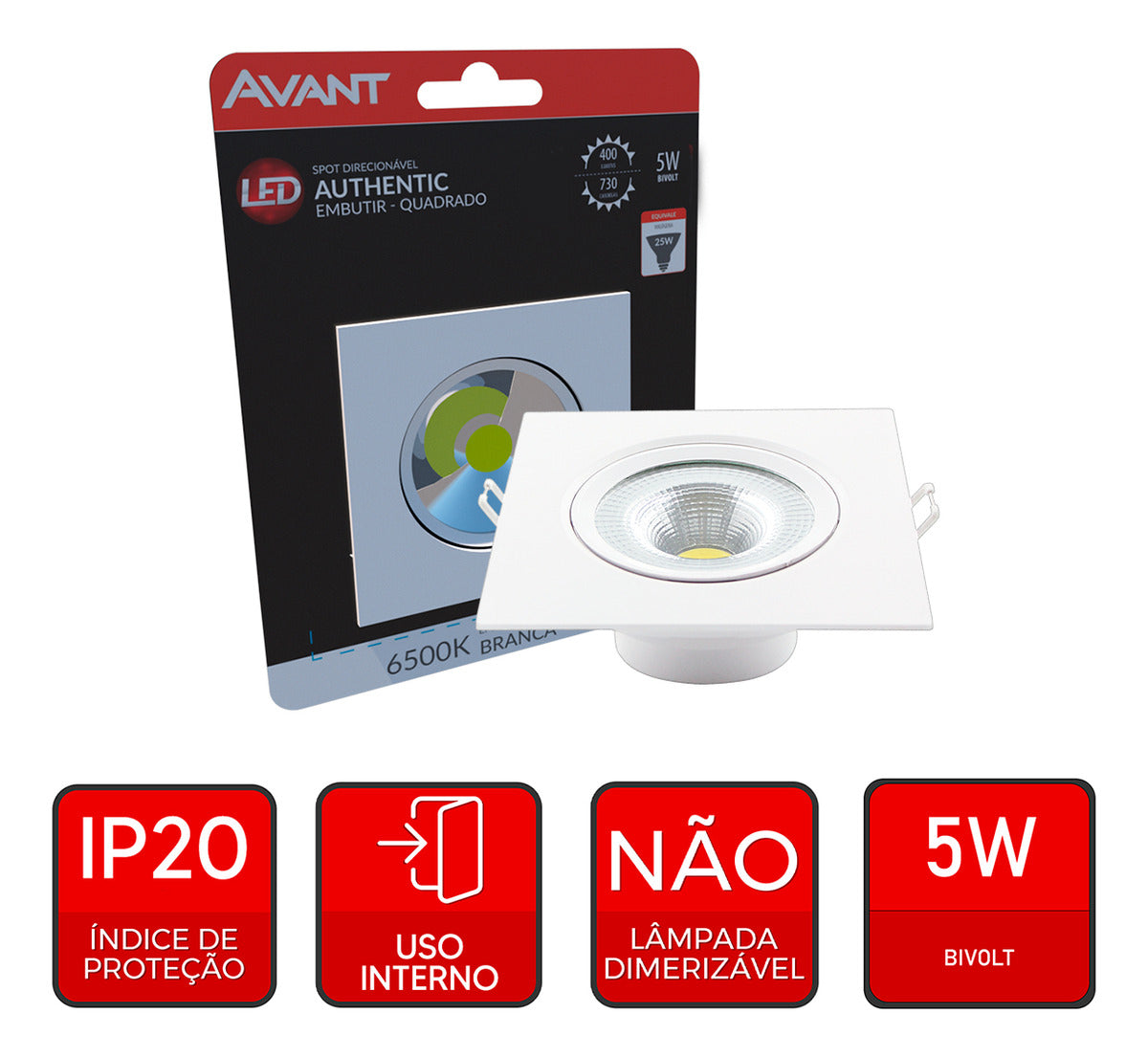 Pack Spot Authentic Embutir 5W 6500k Branco Frio 9m 110v/220v Bivolt Ip20 Quadrado Branco Cod: 865031373 Avant