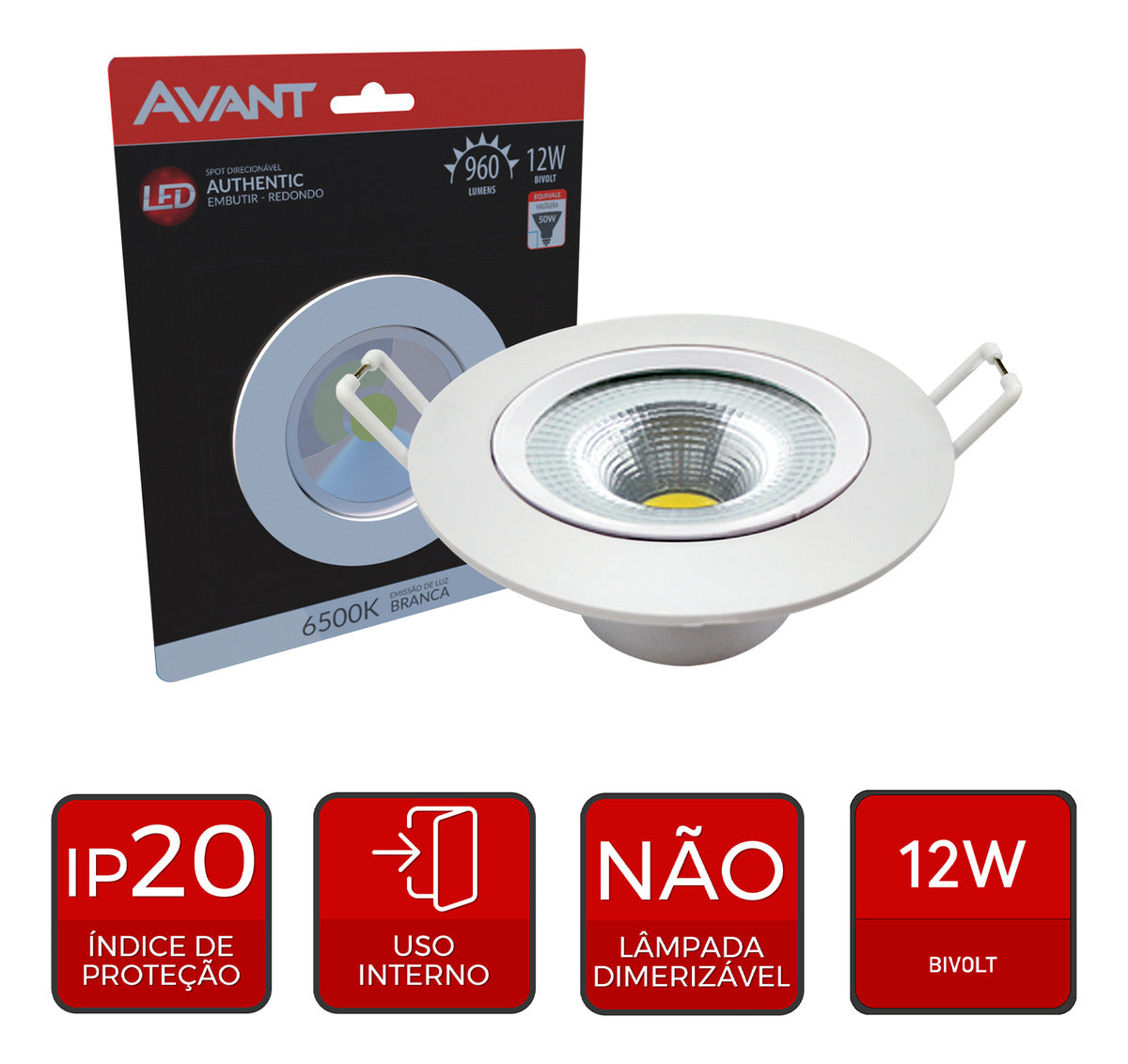 Spot Led Authentic Embutir 12w 6500k Branco Frio 14cm 110v/220v Bivolt Redondo Branco Avant