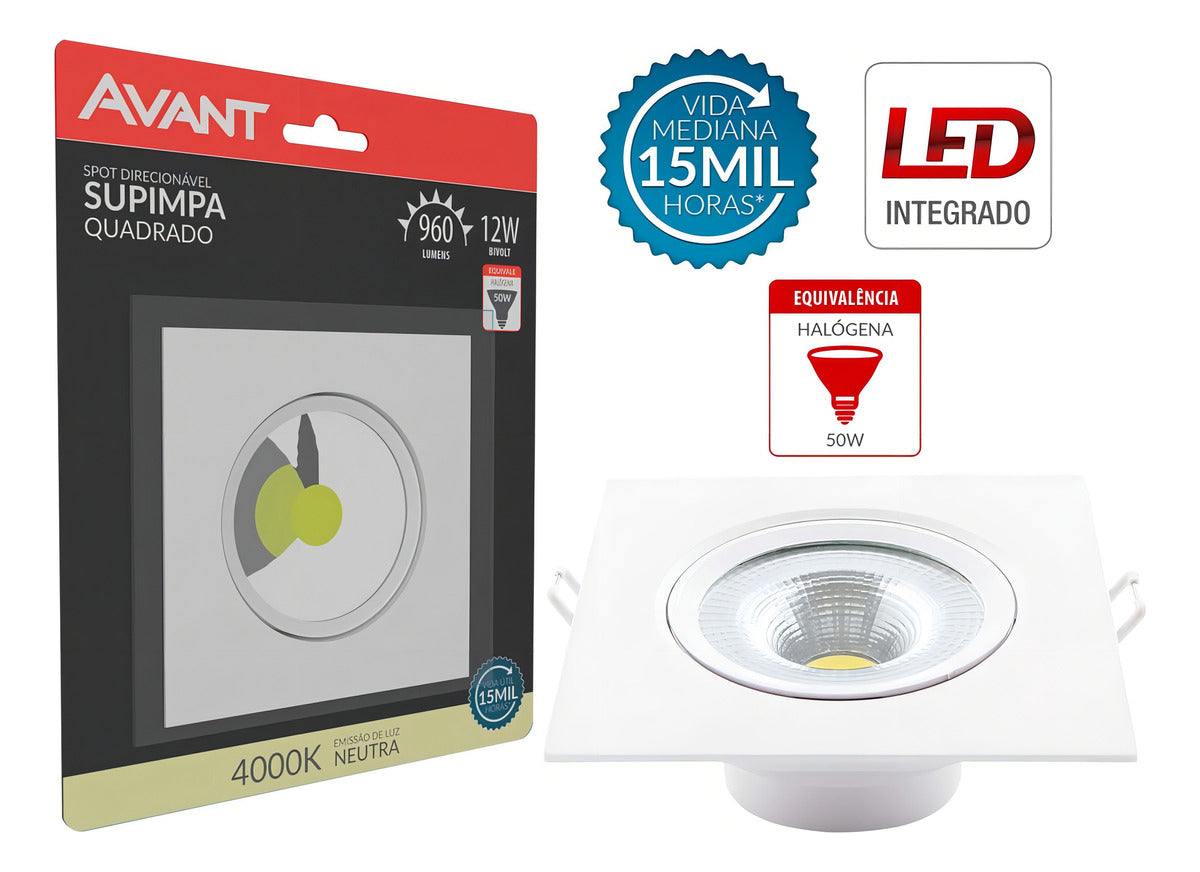 Spot Led Authentic Emb. Quadrado 12w 4000k 14cm BF Avant