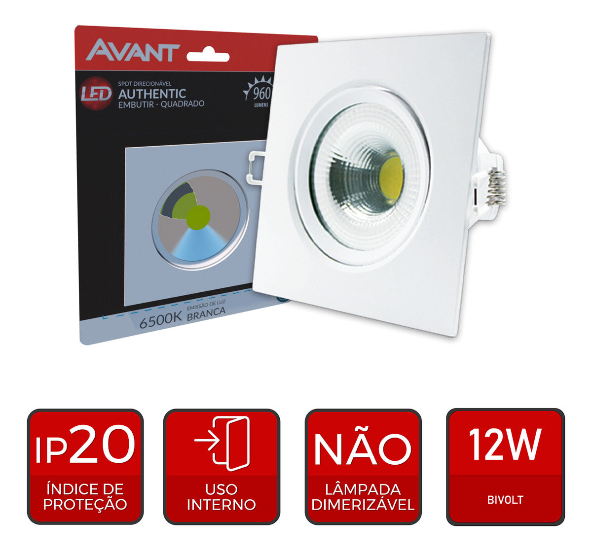 Spot Led Authentic Emb. Quadrado 12w 6500k 14cm Bf Avant