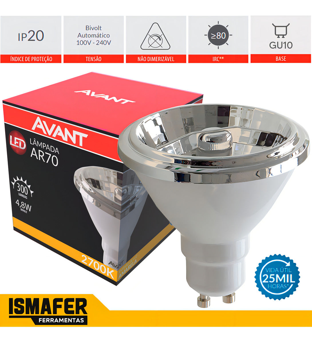 Lâmpada Led Ar70 4.8w 2700k Branco Quente GU10  IP20 Bivolt Branco Avant