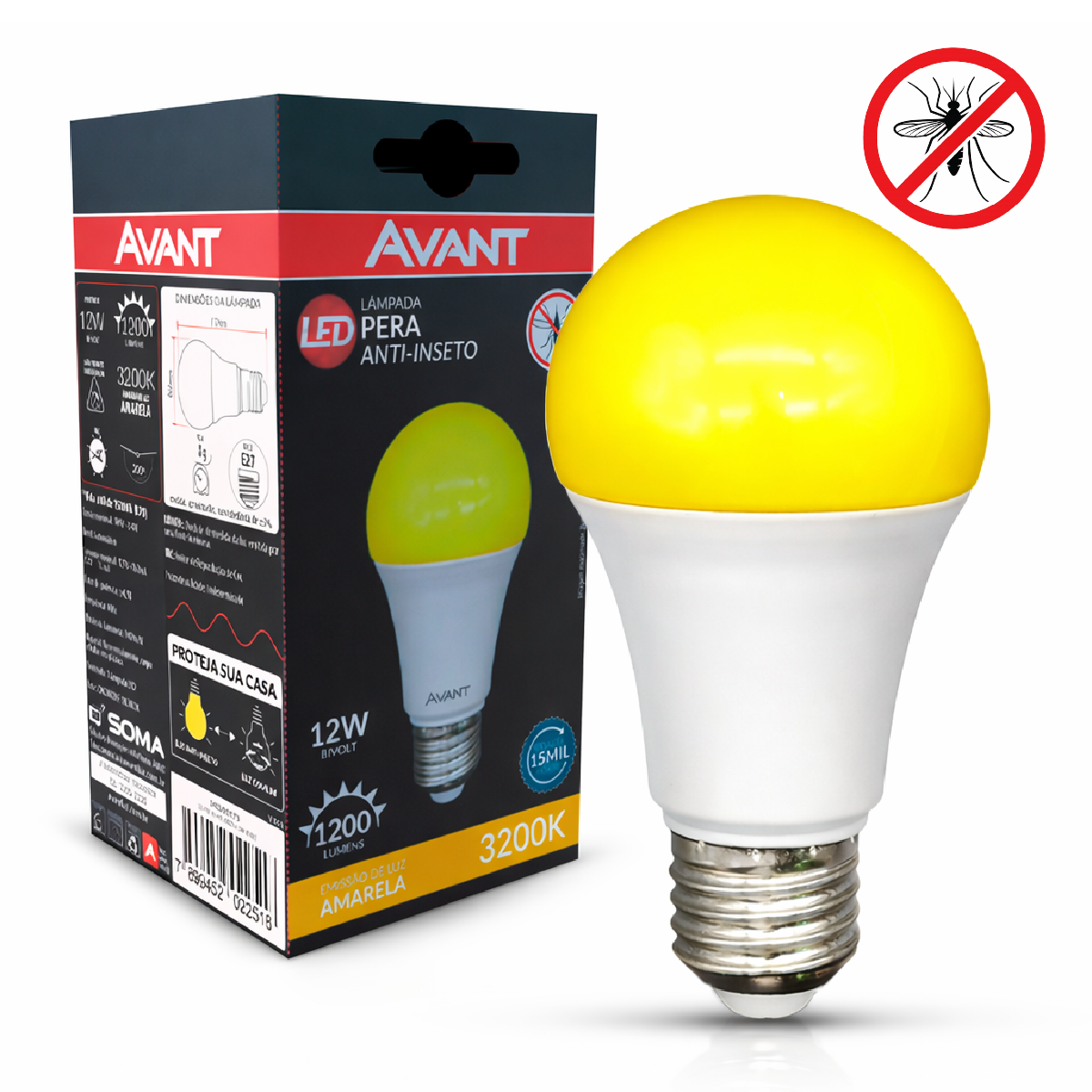 Lâmpada Led Pera Anti-Inseto 12w 3200k Amarelo E27 IP20 Branco Bivolt Avant