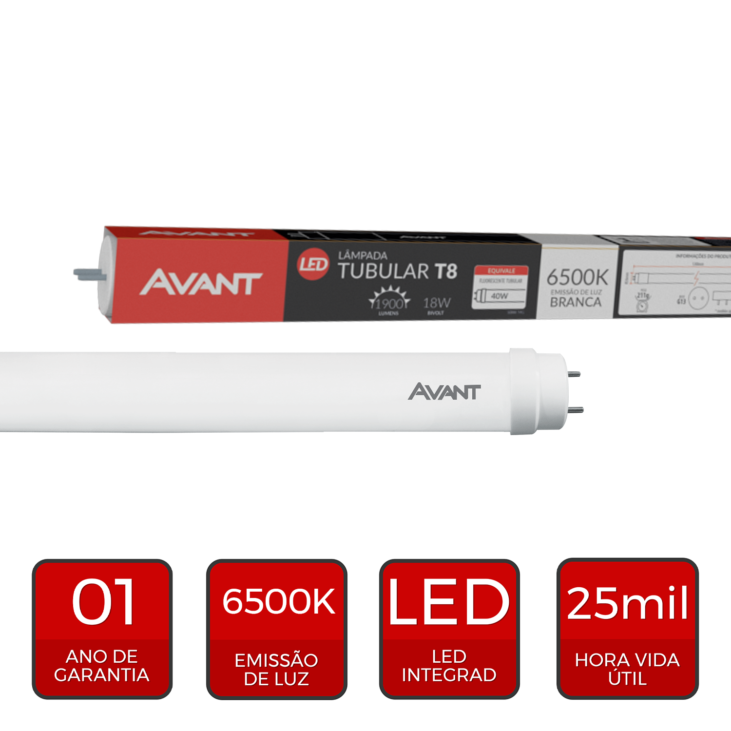 Lampada Led Tubular de Vidro T8 9w 4000K Branco Neutro Bivolt Branco Avant