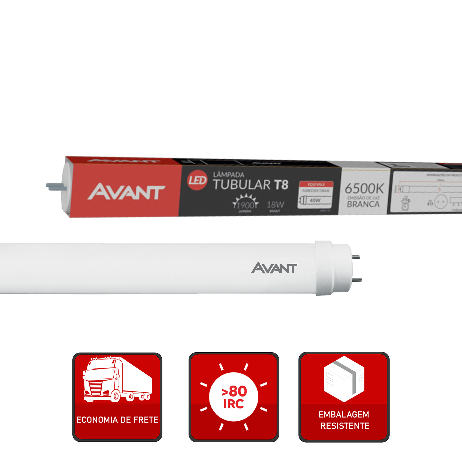Lâmpada Led Tubular de Vidro T8 18w 6500K Branco Frio Bivolt Branco Avant