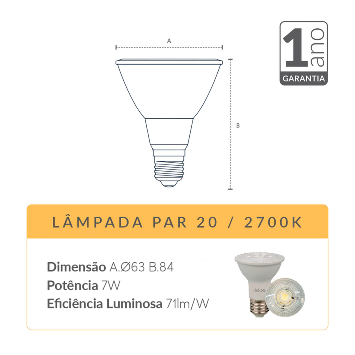 Lâmpada Led Par20 7w 2700k Branco Quente E27 Bivolt Branco Deluxe