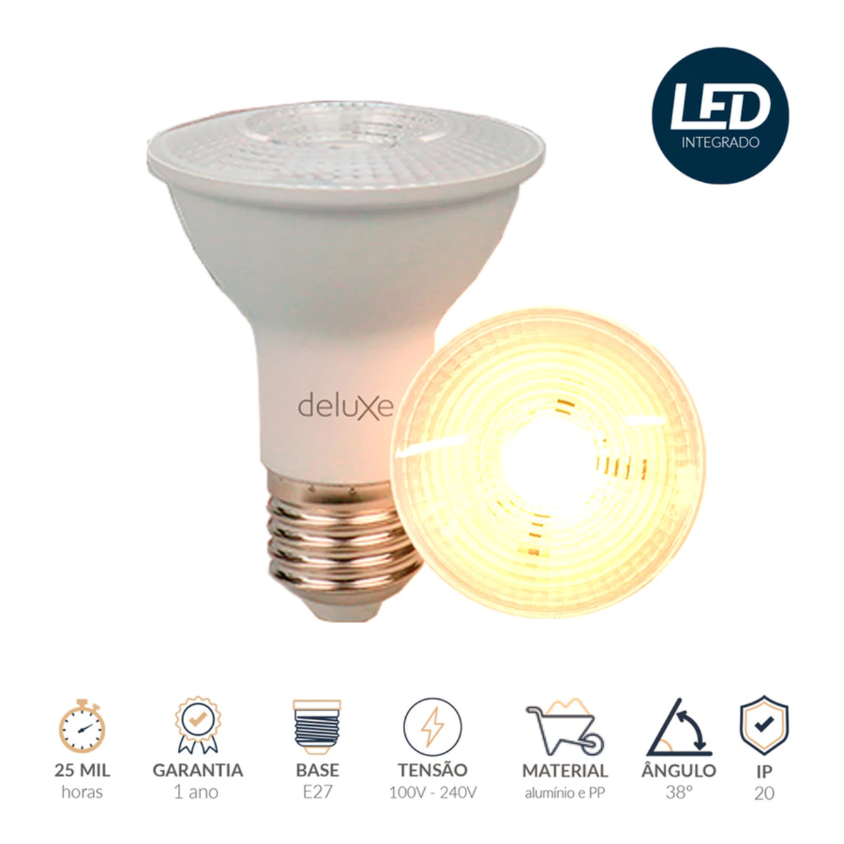Lâmpada Led Par20 7w 2700k Branco Quente E27 Bivolt Branco Deluxe