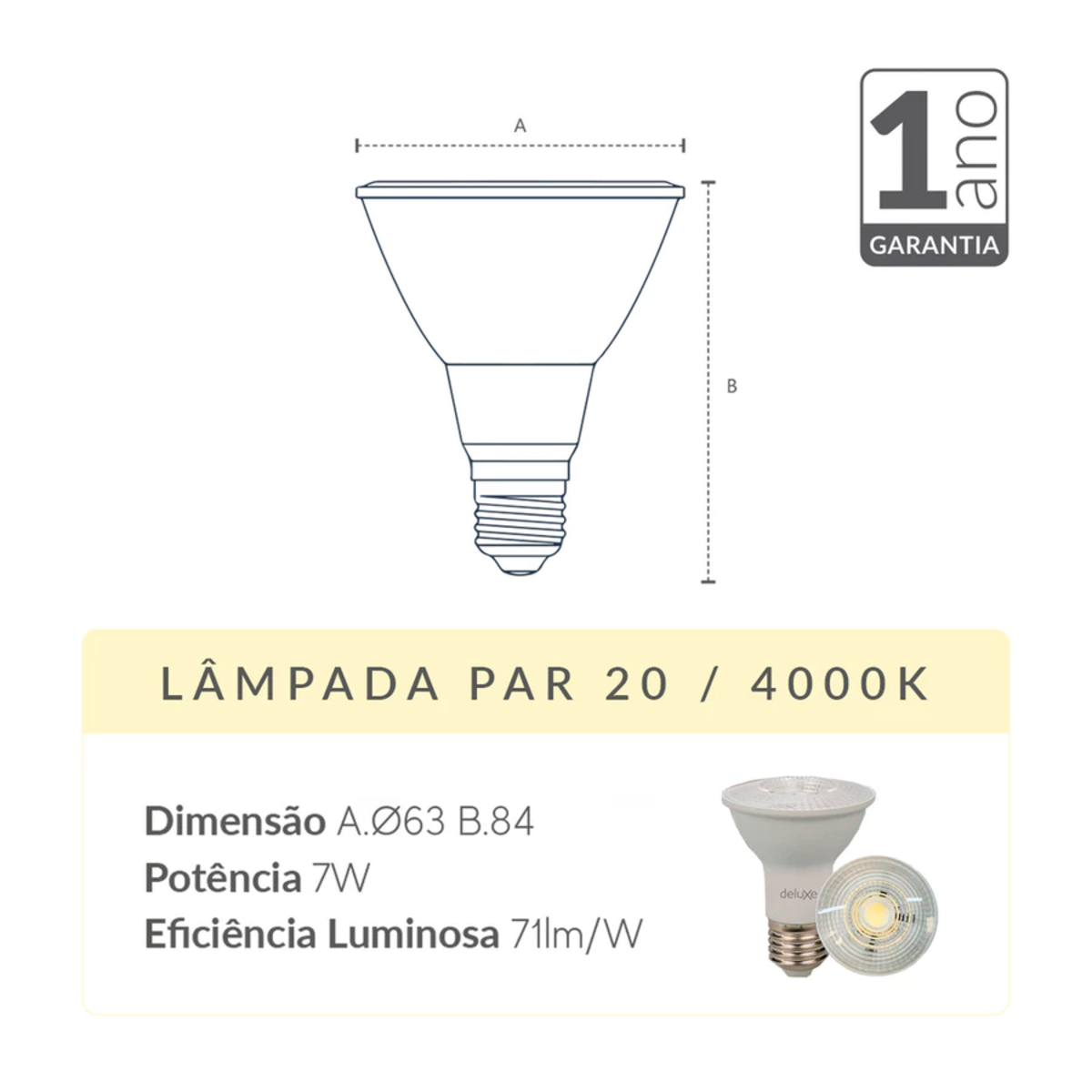 Lâmpada Led Par20 7w 4000k Branco Neutro E27 IP65 Bivolt Branco Avant