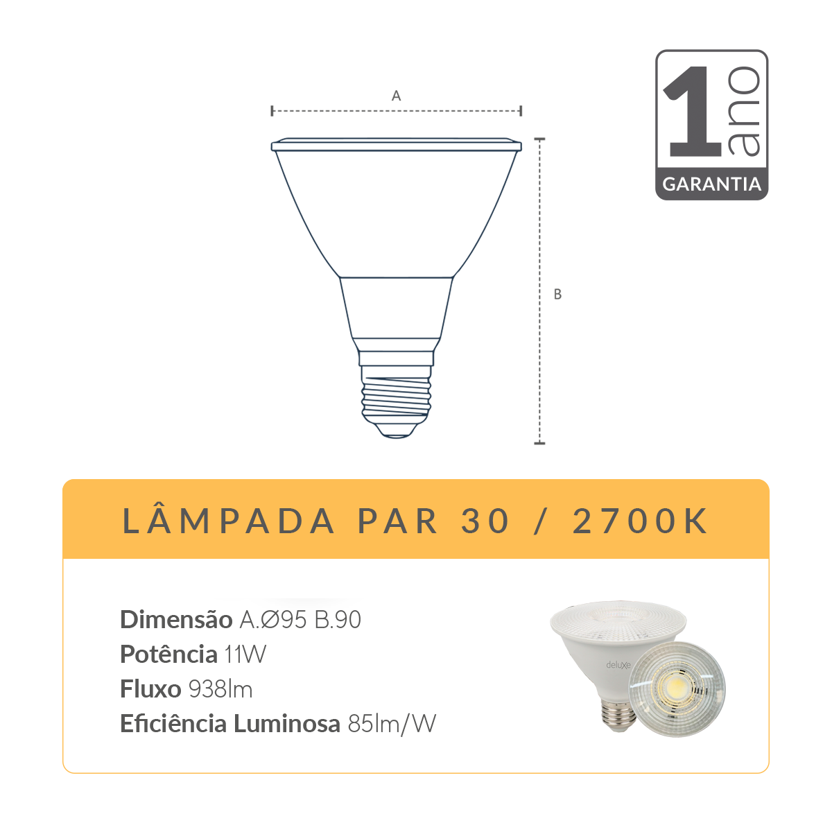 Lâmpada Led Par30 11w 2700k Branco Quente E27 IP20 Bivolt Branco Avant