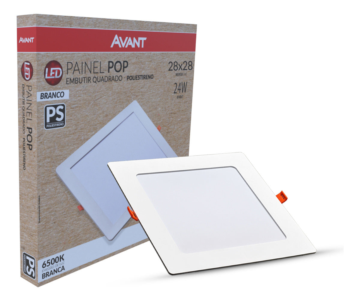 Painel Pop Embutir 24W 6500k Branco Frio Bivolt 28,6cm Quadrado Branco Avant
