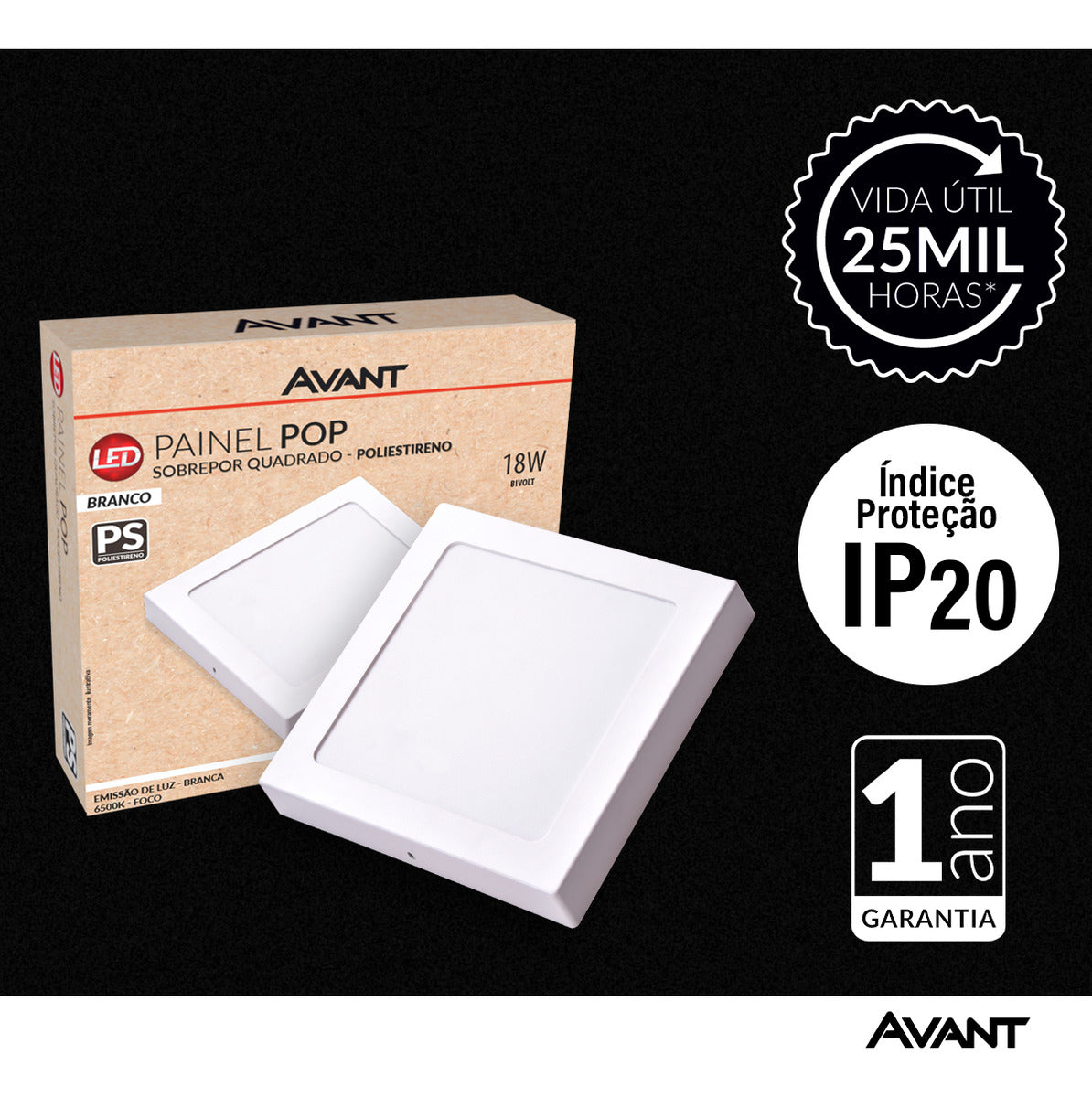 Painel Pop Sobrepor 18W 6500k Branco Frio Bivolt 19,6cm Quadrado Branco Avant